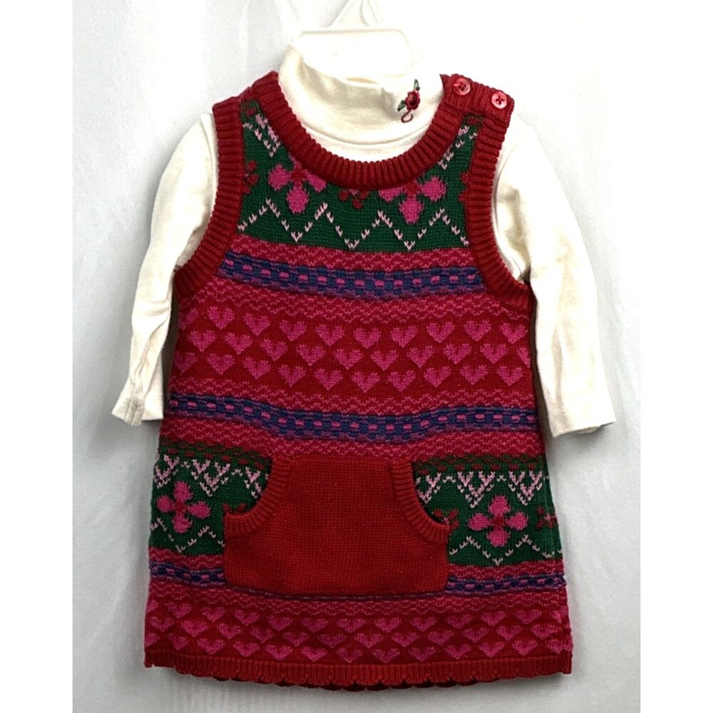 Little Me Fair Isle Knit Sweater Dress Set 6M Red/Green/Pink Long Sleeve Pocket